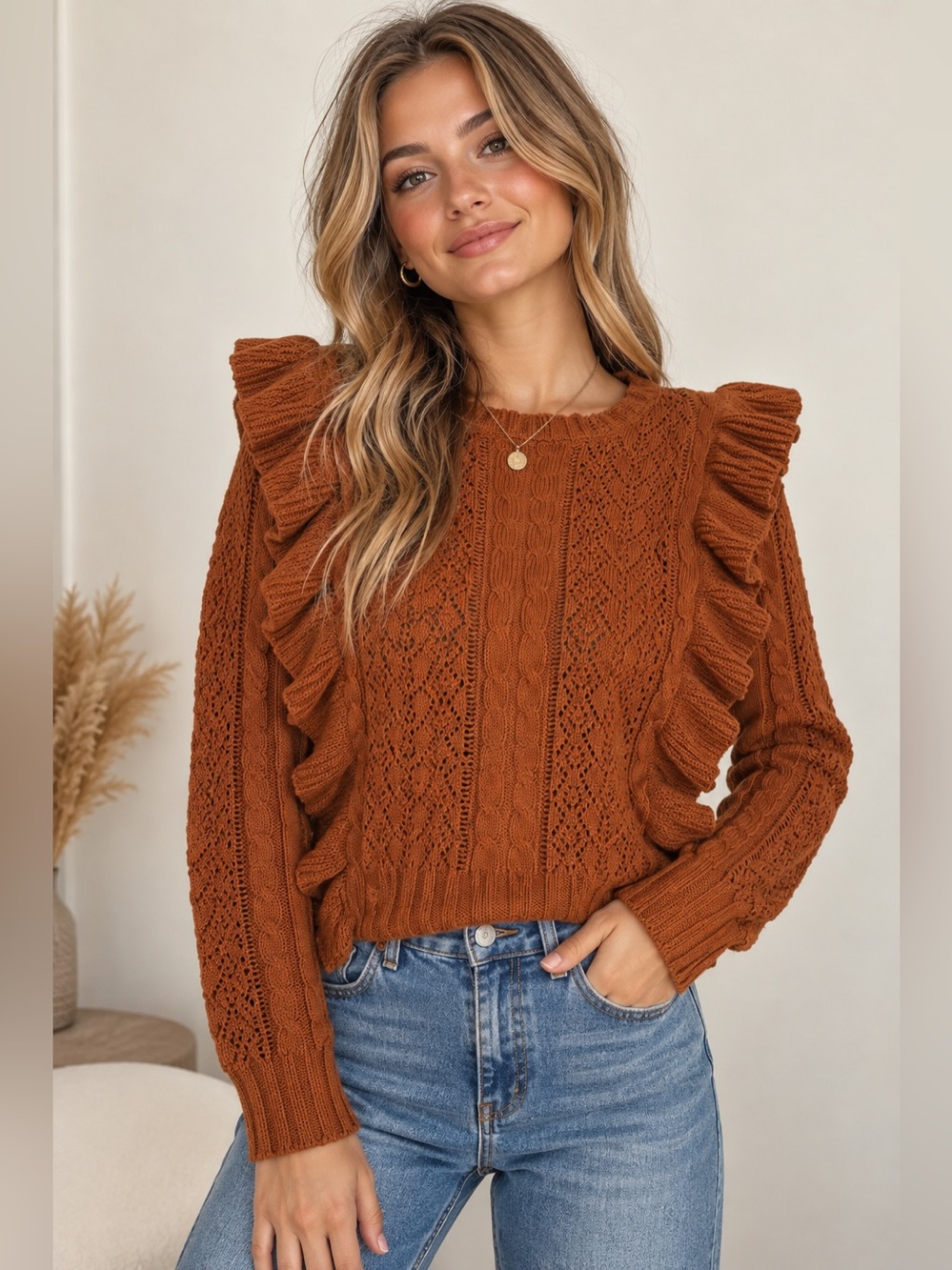 Chelsea & Violet Rust Ruffle Cable Knit Sweater